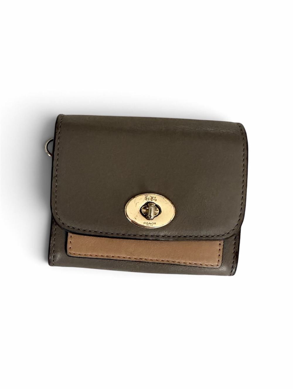 Coach Compact Two-Tone Leather Wallet in Olive and Tan
